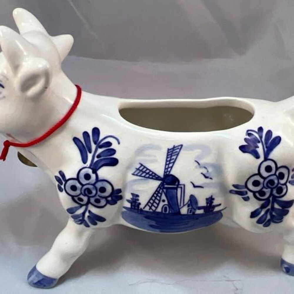Delft DBL Holland Cow Creamer -- Blue & White Ceramic, Metal Bell on Neck, Windm